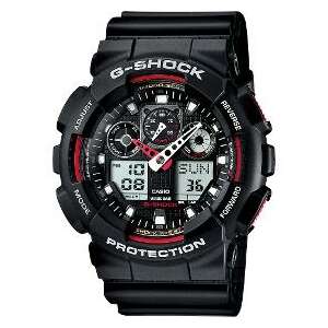 Męski zegarek Casio G-Shock GA-100-1A4ER z cyfrowym i analogowym wyświetlaczem, czarnym paskiem z żywicy i czerwonymi akcentami - Casio