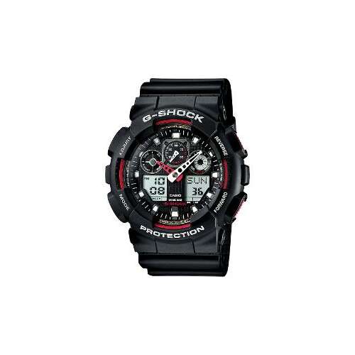 Casio G-Shock GA-100-1A4ER férfi digitális és analóg óra fekete gumi szíjjal és piros díszítéssel