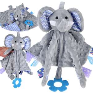 Grey elephant plush comforter with blue and purple ribbons, a blue flower teether, and a textured surface - Security Blanket