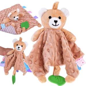 Barna macis plüss szundikendő - 30 x 28 cm, brown teddy bear security blanket with colorful ribbons and silicone leaf teether - Security Blanket