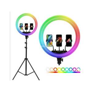 RGB Selfie Studio Ring Light cu trepied, MJ18, 45cm, 3 suporturi pentru telefon, luminozitate și temperatură de culoare reglabile - Lumini de studio și reflectoare