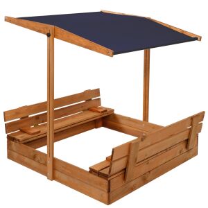 Lada din lemn pentru nisip, cu acoperis parasolar, 2 bancute, 120x120cm