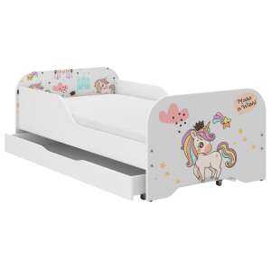 Pat MIKI pentru copii cu saltea și sertar pentru lenjerie, 160x80cm, curcubeu unicorn - Nonbrand Paturi pentru tineri