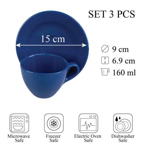 3 darabos Cesiro kék kerámia teáscsésze szett, 160 ml űrtartalommal, mikrohullámú sütőben, fagyasztóban, elektromos sütőben és mosogatógépben mosható