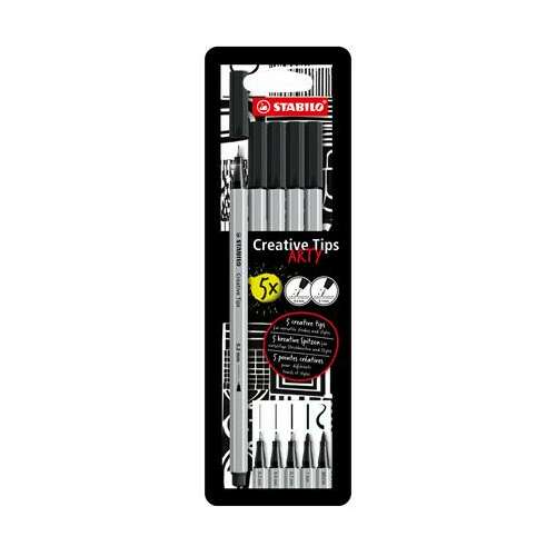 Set de stilouri cu vârf de pâslă negre STABILO Creative Tips ARTY, 5 vârfuri diferite