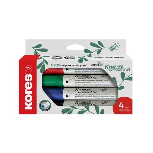 Маркери за бяла дъска Kores Eco K-Marker, 4 броя, червен, зелен, син, черен