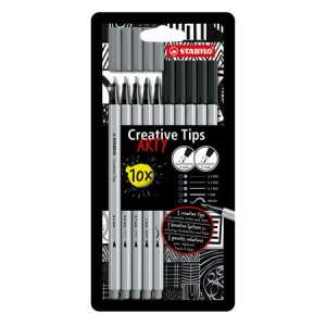 STABILO Creative Tips ARTY 10er Pack schwarzer und grauer Filzstifte mit 5 verschiedenen Spitzen - STABILO Fineliner