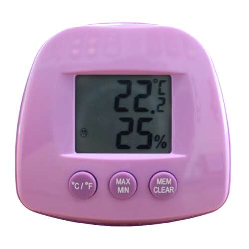 Purple digital indoor thermometer and hygrometer with maximum and minimum memory function, ST504