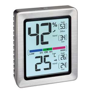 Exacto Digital Thermo-Hygrometer, indoor thermometer and hygrometer with humidity and temperature display, stainless steel frame, measures -20°C to +70°C, 1% to 99% RH, shows maximum and minimum values, trend arrows, backlight, magnetic and wall mountable - Home & Garden