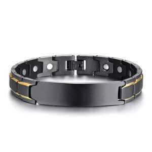 Fekete rozsdamentes acél mágneses karkötő arany díszítéssel, gravírozható, férfiaknak - Férfi karkötő