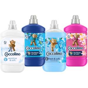 Coccolino fabric softener variety pack, includes Tiare Flower & Red Fruits, Passion Flower & Bergamot, Sensitive & Soft, and Blue Splash scents - Liquid fabric softener