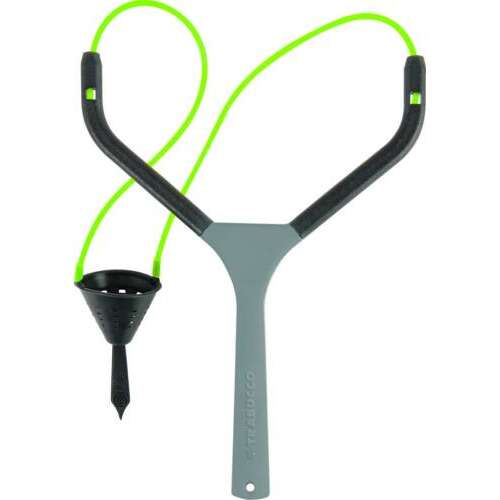 Trabucco Precision Competition Catapult csúzli zöld gumiszalagokkal és fekete műanyag tölcsérrel