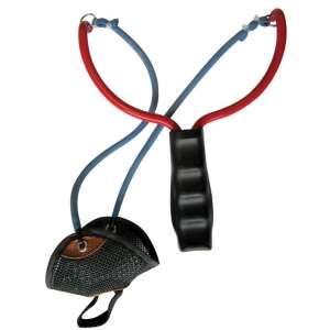 Nevis 6mm etetőcsúzli, piros és kék gumiszalaggal, fekete markolattal és zsebbel - Csúzli & etetőrakéta