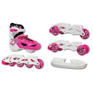 Enere 4in1 rózsaszín görkorcsolya gyereknek, átalakítható jégkorcsolyává, gördeszkává és 3 kerékes konfigurációvá, bemutatva a különböző konfigurációkat - Görkorcsolyázás