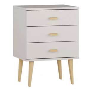 Fehér 3 fiókos komód fa lábakkal és fogantyúkkal, Lara fenyő komód - Nappali bútor