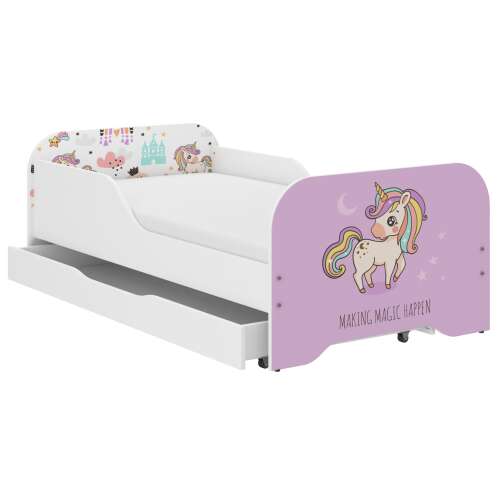 MIKI gyerekágy 140x70cm matraccal és ágyneműtartóval - Rózsaszín Unikornis
