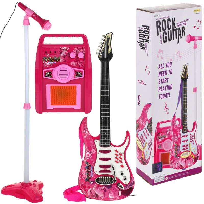 Rock&#039;n&#039;Roll Játék Gitár Mikrofon+Állvány Erősítő Készlet Pink