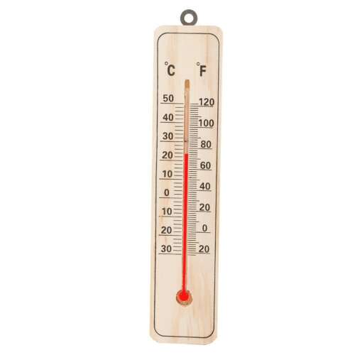 Háztartási hőmérő, fa, külső, belső