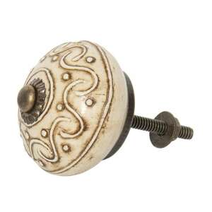 Bézs kerámia ajtófogantyú díszes mintával, 4x4cm, CLEEF.64172 - Clayre & Eef