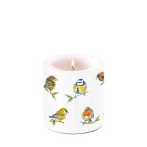 Fehér oszlop gyertya madár illusztrációkkal, 8x7,5cm - Lakberendezés