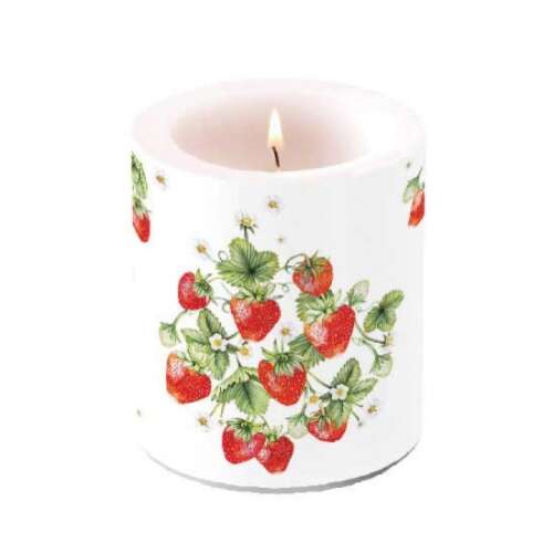 Eper illatú gyertya, 10x10cm, fehér vörös eperrel