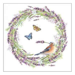 Chaffinch fehér papírszalvéta virágmintával, madárral, pillangókkal és levendulával - Szalvéta