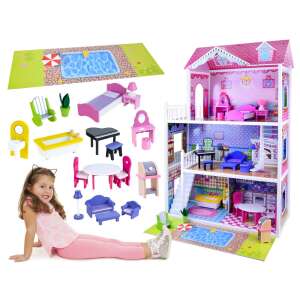 Pink wooden dollhouse with furniture and accessories, including a pool, for kids to play with - Dollhouse