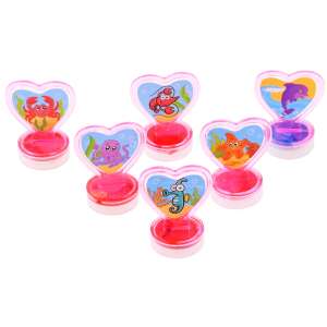 Sea World stamp set with 6 different sea animal stamps in heart-shaped frames, showing the stamps in detail - Stamp