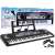 61-key electronic keyboard with microphone, music stand, and built-in speakers, in box