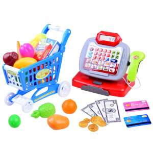 Kék pénztárgép bevásárlókosárral és élelmiszerekkel 35481155 Boltos játékok, bevásárlás