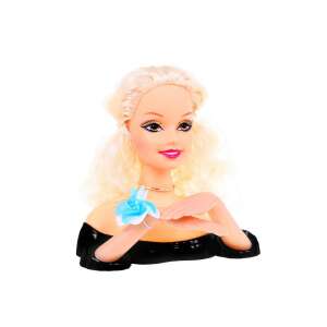 Blonde hair styling doll head with black dress, blue flower, and jewelry - Ramiz