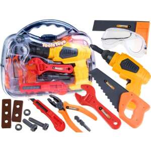 Barkács készlet táskával 15 db-os: Teljes játék szerszámkészlet fúróval, fűrésszel, fogóval és védőszemüveggel, átlátszó hordtáskában. - Barkácsolás, Autópálya & Parkolóház és Figura