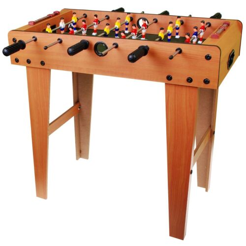Retro wooden foosball table for kids and adults, angled view