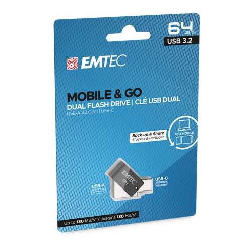 Pendrive, 64GB, USB 3.2, USB-A bemenet/USB-C kimenet, EMTEC "T260C Dual"