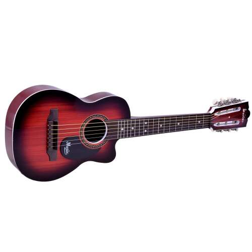 Music 6 brand children's guitar, dark brown color, 6 strings, angled view