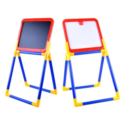 2 in 1 chalkboard and whiteboard easel for kids, red, blue, yellow frame