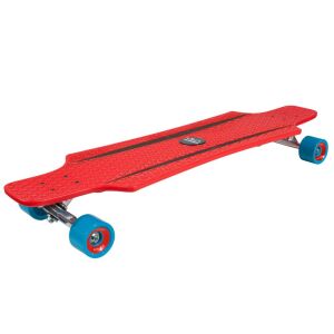 Hudora red longboard with blue wheels, angled view - Skateboarding