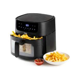 Domo DO543FR XXL levegős fritőz, 8 literes kapacitás, fekete, sült krumplival belül, fehér háttérrel - Domo