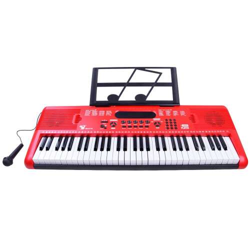 Red 61-key keyboard with microphone, music stand, and power adapter