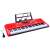 Red 61-key keyboard with microphone, music stand, and power adapter