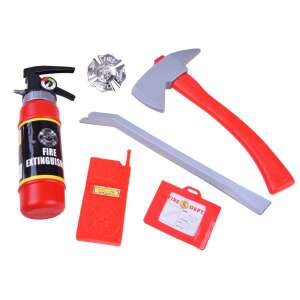 Firefighter costume set for kids, includes fire extinguisher, axe, crowbar, walkie-talkie, hammer, badge, and ID card - Costume for Kid