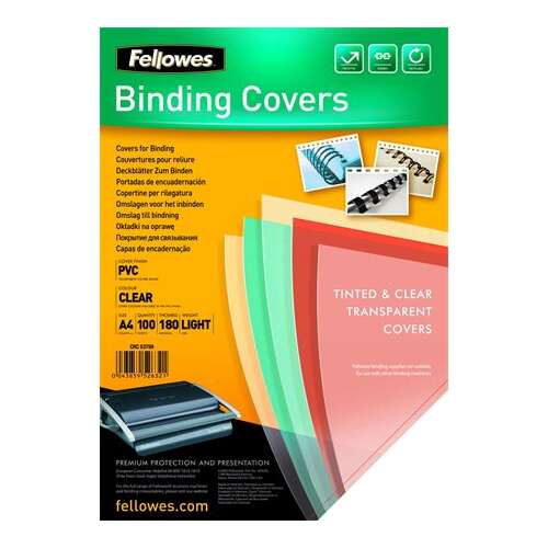Fellowes Binding Covers, A4, 100, 180 mikron, átlátszó és színezett, átlátszó, PVC, prémium védelem és bemutatás