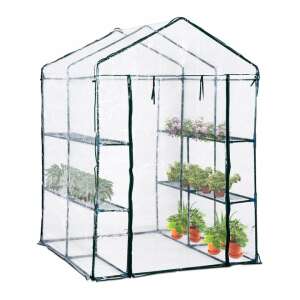 Gardenline greenhouse tent with steel frame, 140x140x200 cm, 3 shelves on each side, transparent cover, zipper closure, roll-up front - GardenLine