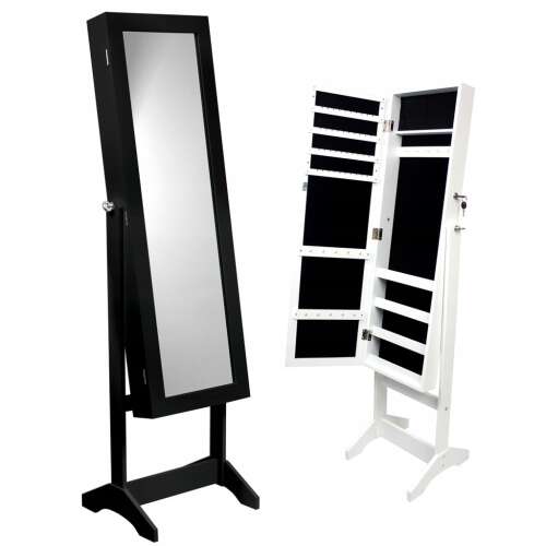 Fekete és fehér tükrös ékszer szekrény tároló rekeszekkel, teljes hosszúságú tükörrel és horgokkal nyakláncokhoz és karkötőkhöz