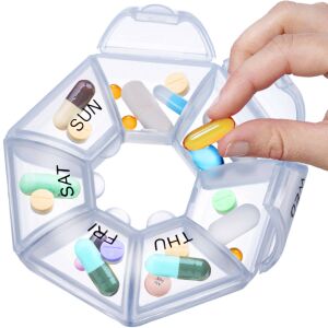 Kerek gyógyszeradagoló doboz heti kiosztással, gyógyszerekkel feltöltve - Gyógyszeradagoló