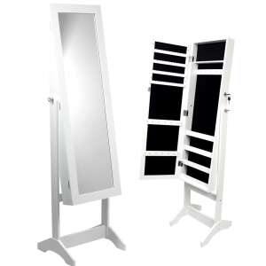 White full-length mirror jewelry cabinet with storage compartments and hooks, closed and open view - Living Room Furniture