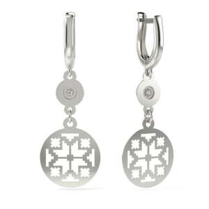 Silver earrings with a geometric pattern and a small diamond - Women's Earring