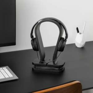Navaris black oak headphone stand with cable tidy on desk - Navaris