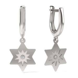 Silver star earrings with a diamond in the center, 925 sterling silver - Women's Earring