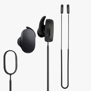 Bose QuietComfort earbuds with Kwmobile black silicone neck strap isolated on white. - Headset Accessory